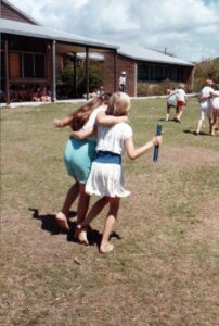 Students Participate in an old fashioned 3-Legged Race at Cross Ridge Camp in 1983From the Collection of Petrie State School