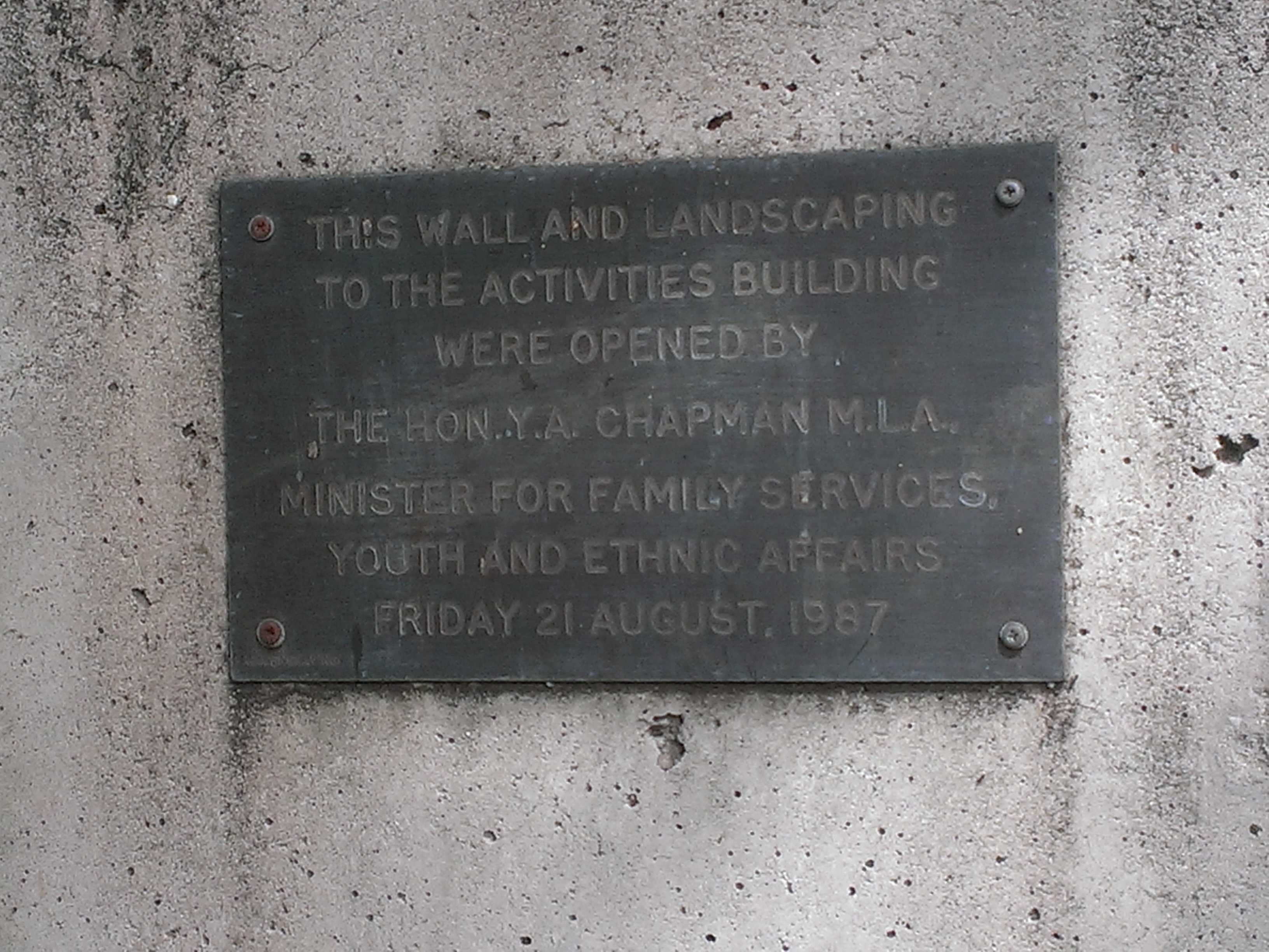 1987 Activities Hall Landscaping Official Opening Plaque Yvonne Chapman